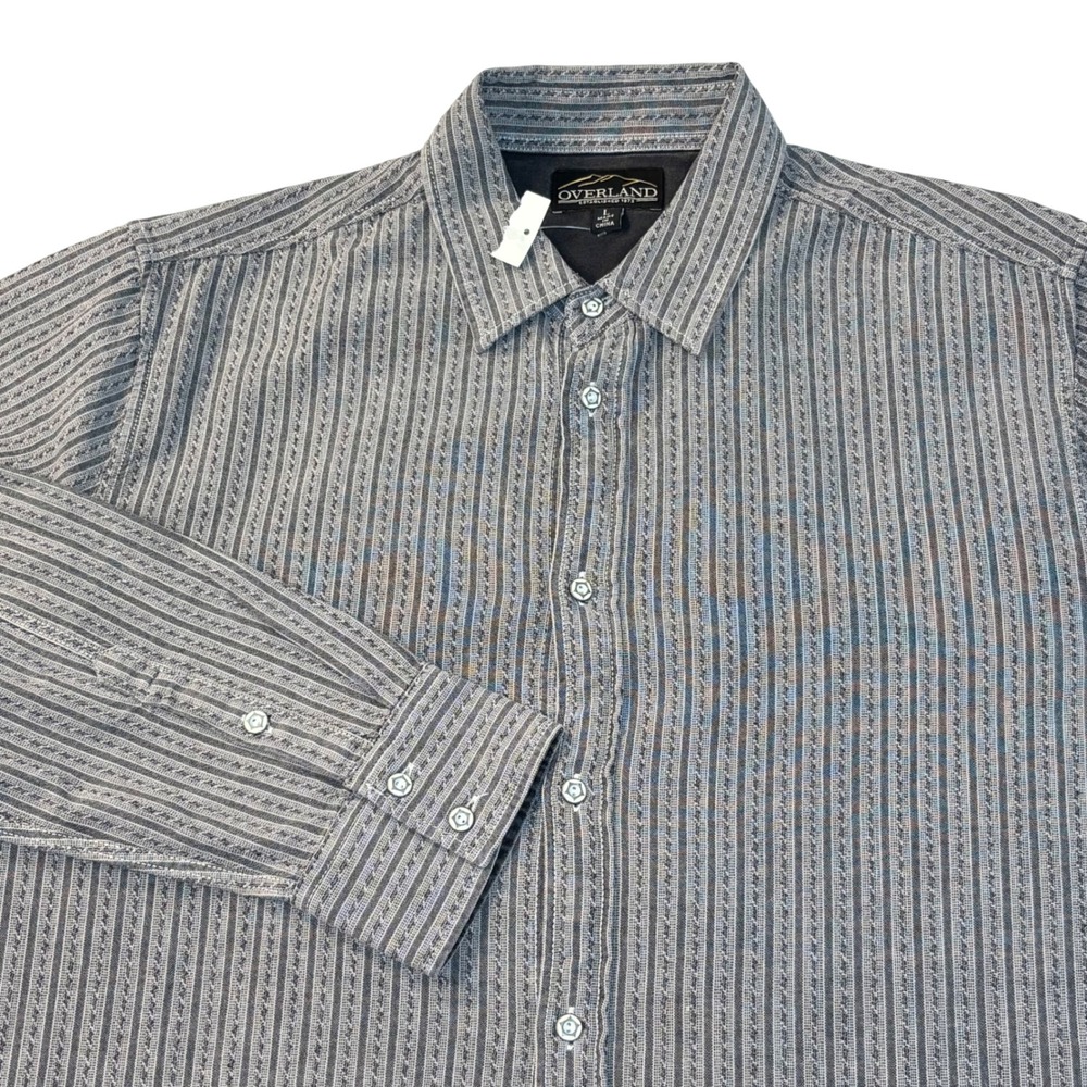 Overland button up shirt men's large black gray dobby striped